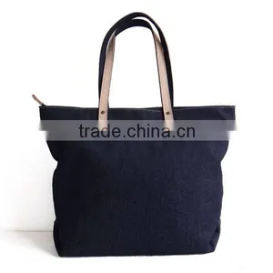 High Quality Navy Denim Bag Denim Tote Bag With Leather Trim thumbnail-3