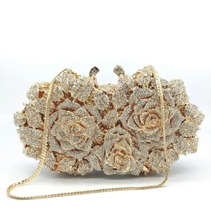 Golden Silver Luxury Crystals Evening Bags Fashion Rose Flower Diamonds Clutch Bags Soiree Purse Women Wedding Bride Handbags thumbnail-5