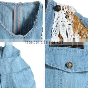 2015 Fashion High Quality Latest Designs Woman Half Sleeve Denim Halter Dress /denim and Lace Dress /prom Dress thumbnail-3