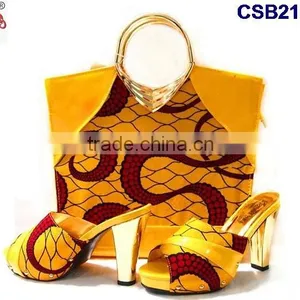 CSB2100 New Coming Hot Sale Fantastic Adorable Design Yellow Red Set High Heel Casual Slippers Shoes Matching Bag Set thumbnail-1