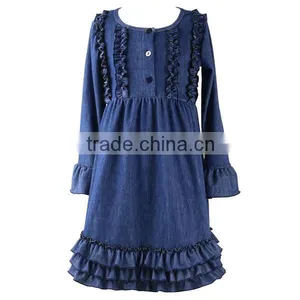 Wholesale Dark Denim Color Long Sleeve Dress Toddler & Girls Kids Fall Ruffle Dresses thumbnail-1