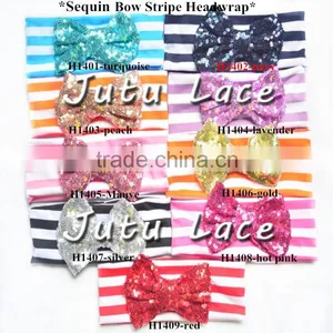 9 Colors in Stock Babies Headband Stripes Fabric, Sequin Bow Stripe Cotton Knot Headband Wholesale thumbnail-2