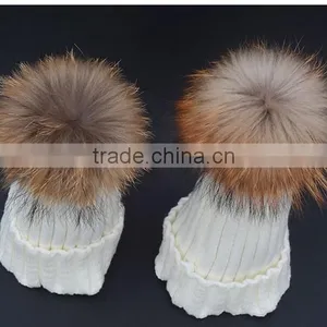 Children Hat Kids Hat Children Winter Raccoon Fur Hats 100% Real 15cm Fur Pompom Beanies Cap Natural Fur Hat For Kids Children thumbnail-5