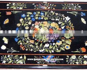 Black Marble Inlay Dining Table Top Pietra Dura Table Top thumbnail-1