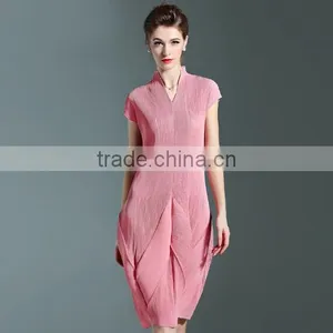 Solid Colors Women Draped V Neck Lantern Dresses With Short Sleeve thumbnail-1