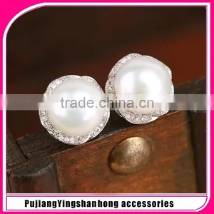 2016 New Style Real Pearl Earing Pearl Earring Studs Button Shape Natural Pearl Earing 925 Sterling Silver thumbnail-1