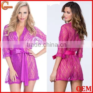 Long Sleeve Sexy Mesh Floral Lace Robe Fashion Bathrobe With Scalloped Trim thumbnail-1