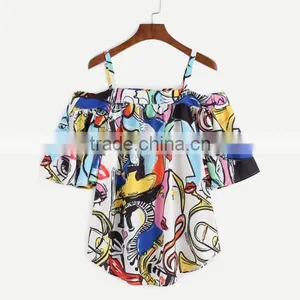 2017 New Designs Off Shoulder Printed Character Pattern Ladies Short Sleeve Blouses thumbnail-1