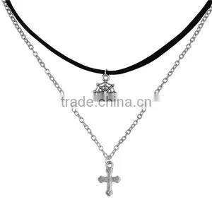 Velvet Suede Double Layer Halloween Choker Necklace Tone & Antique Silver Black Cobweb Cross 33.5cm Long thumbnail-3