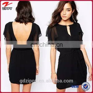 New Arrival Cup Sleeve Cut Out Back Black Chiffon Evening Dresses China thumbnail-1