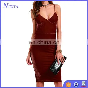 Brick Red Velvet Cami Pencil Dress Sexy Club Wear Slim Dress Women Sleeveless V Neck Knee Length Dress thumbnail-1