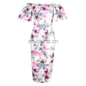 Newest Women Clothes Frill Sleeve Print Floral off Shoulder Midi Dress thumbnail-3