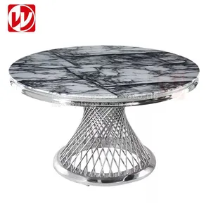 Antique Round Dining Room Furniture Restaurant Marble White Glass Top Golden Stainless Steel Wedding Banquet Table thumbnail-1