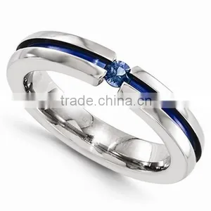 Titanium Tension Set Blue Sapphire and Anodized Groove 4mm Wedding Ring thumbnail-1