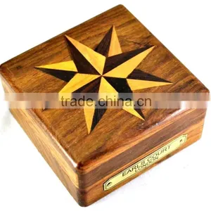 Antique Vintage Solid Brass Gift Compass With Wooden Box 13522 thumbnail-5