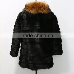 2015 Rex Rabbit Fur Coat With Big Racoon Fur Collar for Women thumbnail-4