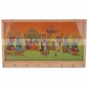 Jaipuri Indian Wooden Handicraft Gem Stone Art Key Holder / Hanger With 8 Hooks thumbnail-1