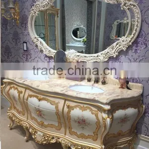 Elegant Floral Painting Bathroom Vanity With Double Sink, Carved Wooden Sanitary Ware Furniture Bathroom Cabinet With Marble Top thumbnail-3