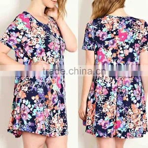 India Boutique Wholesale Dress 95% POLYESTER 5% SPANDEX FLORAL PRINT TRAPEZE TEE DRESS Beach Wear Tunic thumbnail-1