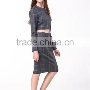 2017 New Arrival Grey Plaid Crop and High Waist Skirt Co-ord Set thumbnail-4