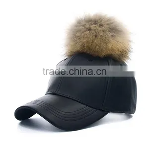 Myfur Wholesale Colors Winter Leather Pom Baseball Cap With Fur Pom Pom thumbnail-1