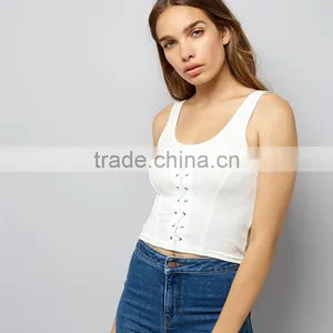 Wide Shoulder Straps Lace up Ribbed Cropped Tank Womens Black Vest Tops thumbnail-2