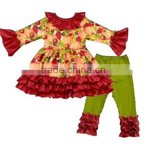 2017 Kids Halloween Clothing Designer 100%cotton Pumpkin Appliqued Outfit Chevron Ruffle Pant Sets thumbnail-2