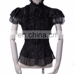 Gothic Short Sleeves Lace Top With High Collar thumbnail-1