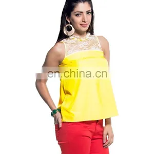 Yellow Sleeveless Lace Yoke Top thumbnail-3
