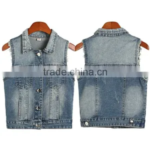 2016 New Style Women's Turn-down Collar Frayed Denim Waistcoat thumbnail-3