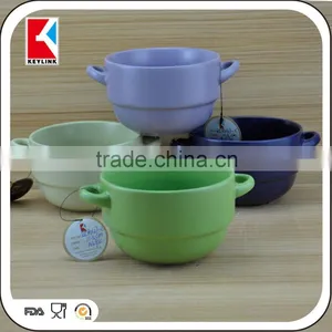Wholsale Silkscreen Printed Bowl Color Glazed Two Handle Cereal Soup Bowl Ceramic thumbnail-3