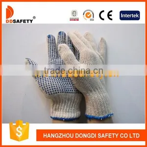 Tricotada Algodao 7G Natural Cotton Polyester String Knitted Blue PVC Dots Safety Gloves thumbnail-1