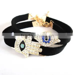 Rhinestone Inlaid Hamsa Hand Evil Eye Charm Suede Leather Bracelet thumbnail-1