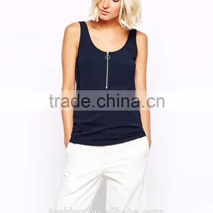 Fashion Navy Color Ladies Zip Front Plain Tank Top thumbnail-1