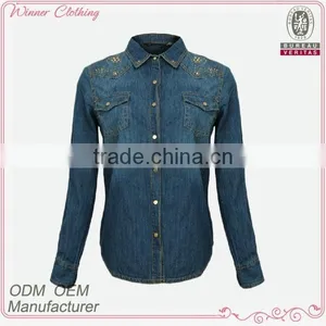 Top Fashion Perfect Cut Ladies Botton Open Denim Blouse With Long Slee thumbnail-1