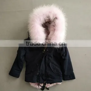Myfur Cute Girls Pink Raccoon Fur Hooded Fox Fur Lining Cotton Waterproof Parka Jackets for Kids thumbnail-3