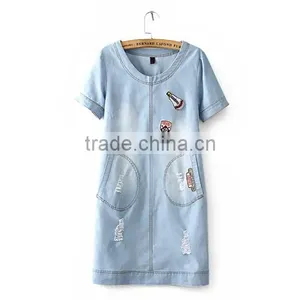 EY0561A Europe and America Women Round Collar Short Sleeve Embroidery Cowboy Dress thumbnail-1