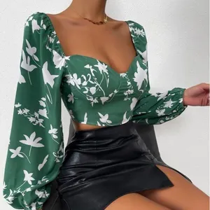 Floral Print Women Long Sleeve Crop Blouse thumbnail-1
