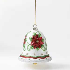 Wholesale Price Personalized Xmas Hanging Ornaments Custom Hand Blown Glass Poinsettia Bell Figurine Christmas Tree Decorations Factory thumbnail-1