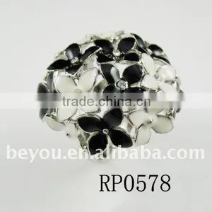 Rhodium Black/White Enamel Adjustable Flower Ring thumbnail-1
