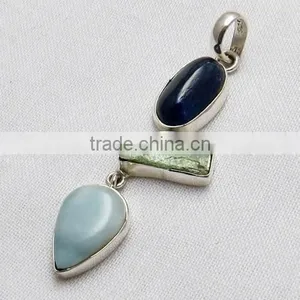 Artisan Kyanite & Prehnite & Larimar 925 Sterling Silver Pendant, Gemstone Silver Jewelry, Handmade Silver Jewelry thumbnail-3