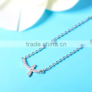 925 Sterling Silver Full CZ Sideways Curved Cross Charm Necklace thumbnail-6