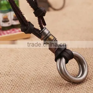 Original Genuine Brown Leather Cord Double Alloy Circle Pendant Punk Jewelry Men Necklace thumbnail-5