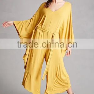 New Design Ladies Suit One Piece 95% Rayon, 5% Spandex Self-tie Waist Dolman Cocoon Custom Made Wide Leg Ladies Jumpsuit thumbnail-6