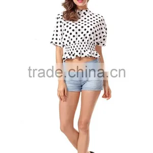 New Fashion Cotton Quilting Dot Printed Short Sleeve Woman Crop Top thumbnail-2