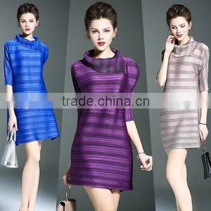 Women Striated Polo Neck Casual Pleated Dresses thumbnail-1