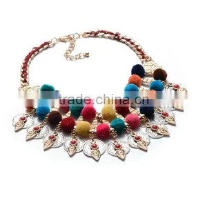 Europe and the United States Ethnic Hand-woven Wool Ball Necklace Big Brand Fashion Multilayer Rivet Triangle Alloy Necklace thumbnail-3
