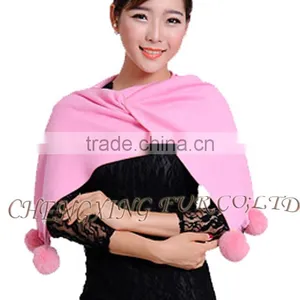 CX-B-P-42D Women Winter Genuine Mongolian Sheep Rabbit Fur Trim Pashmina Shawls With Fur thumbnail-2