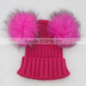 Myfur Brown Color Raccoon Fur Pompoms Top Wool Knitting Hat Wholesale thumbnail-6