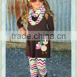 Thanksgiving Day Turkey Outfits 2016 Fall Boutique Girl Clothing Tunic Turkey Top and Rainbow Chevron Leggings Sets thumbnail-1